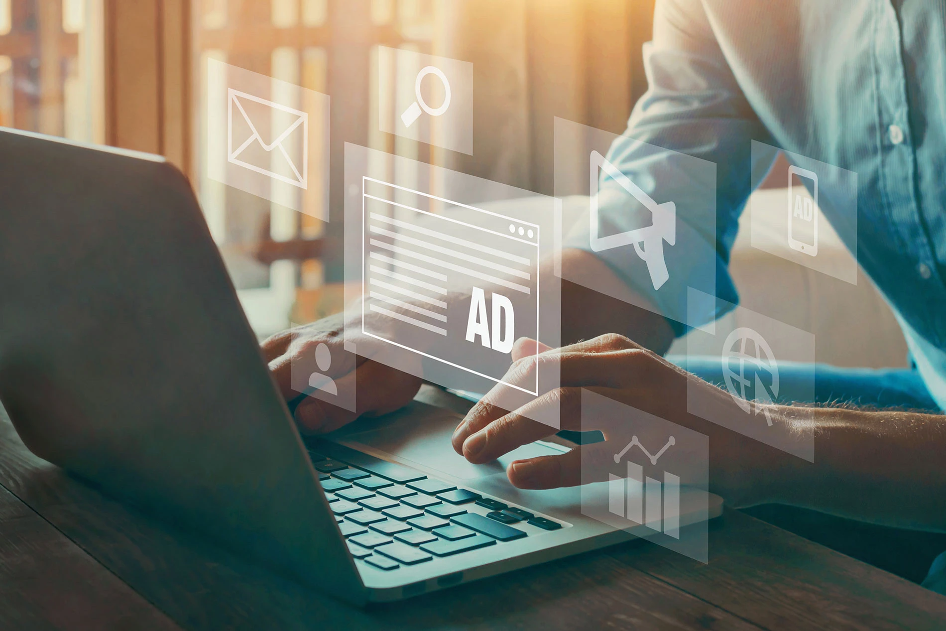 Person am Laptop zeigt ein digitales Marketingkonzept mit Online-Werbeumfelder für Anzeigen.